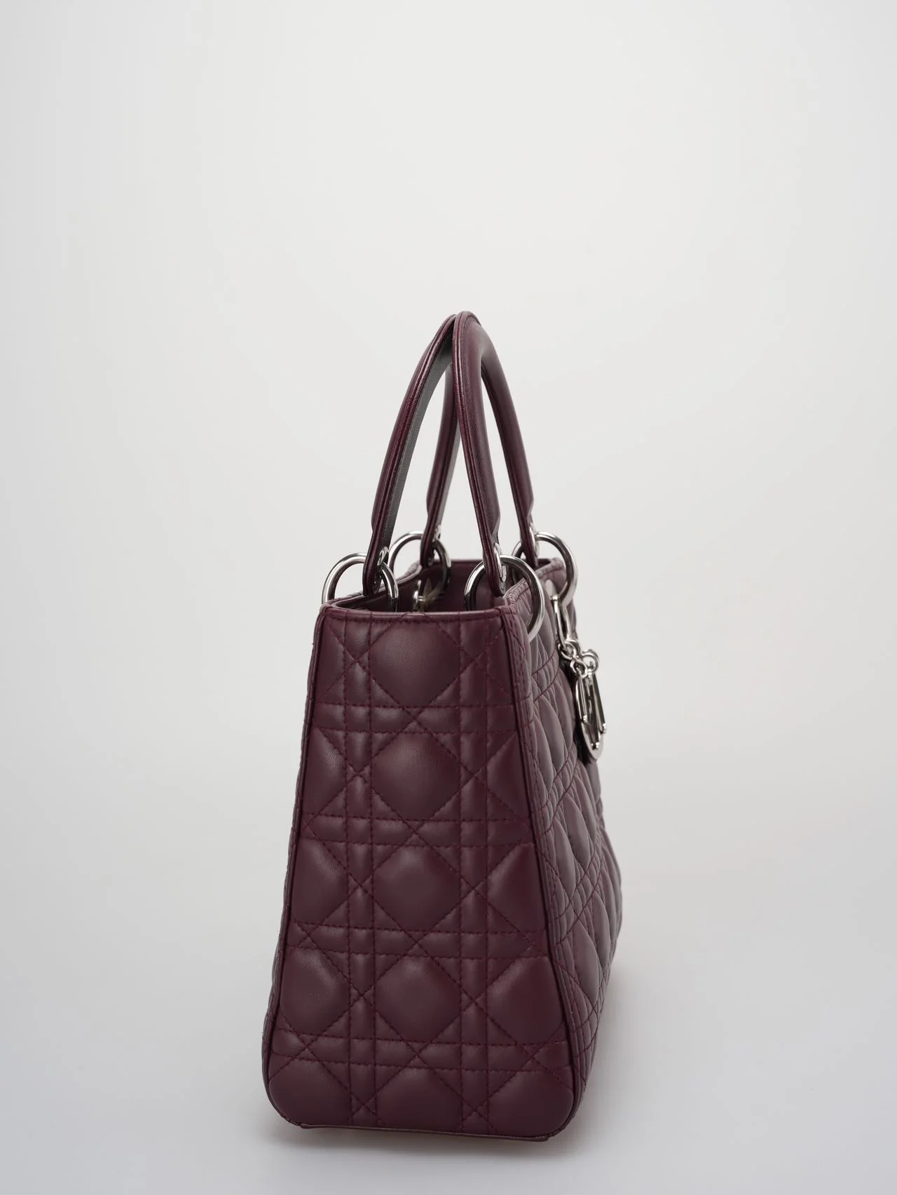 used-Christian Dior Burgundy Lady Dior Bag in Cannage Lambskin Leather with Silver Hardware Medium-MILOURA