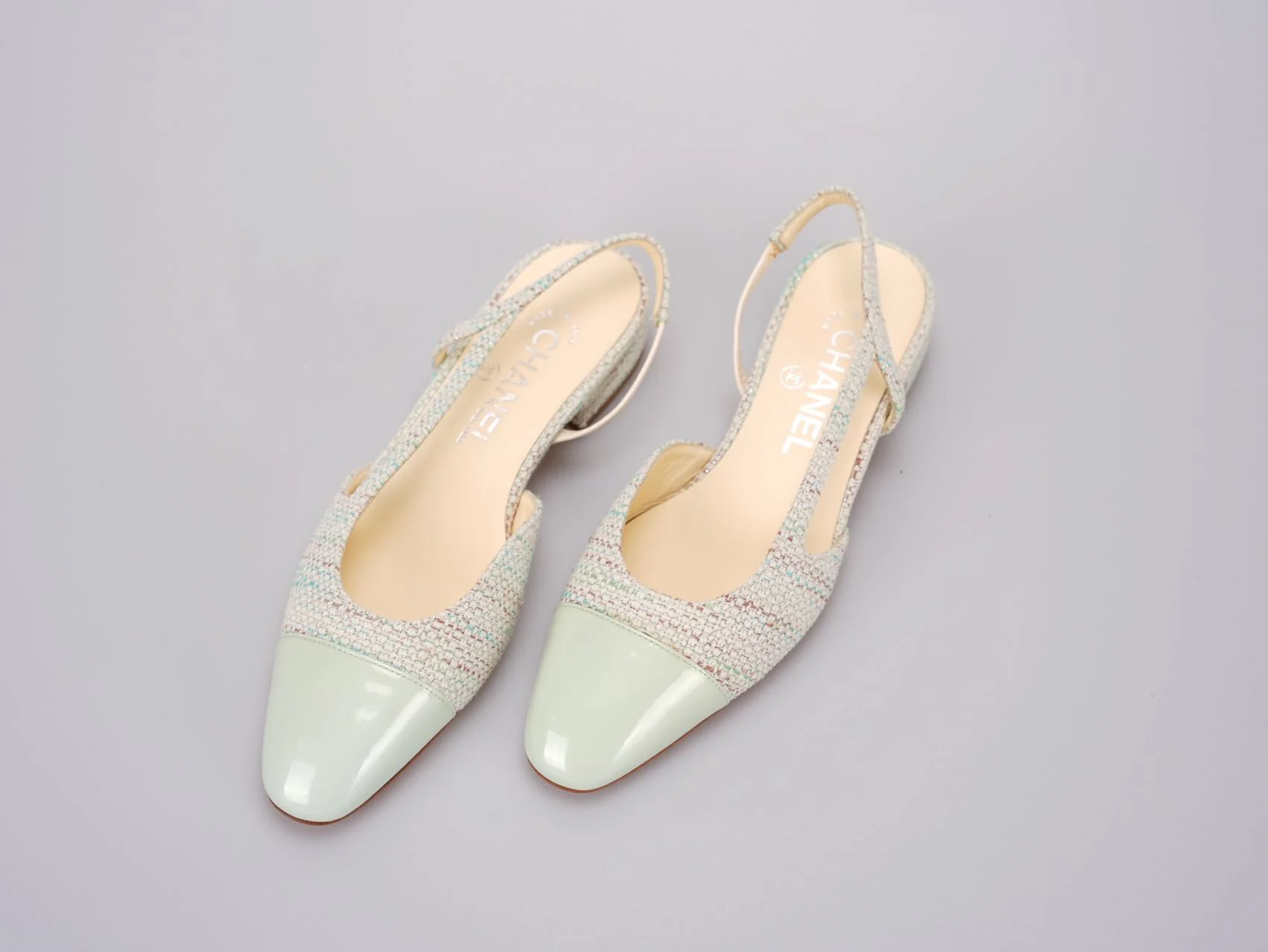 used-Chanel Light Green Tweed Slingback Patent Cap Toe Ballerinas 36-MILOURA