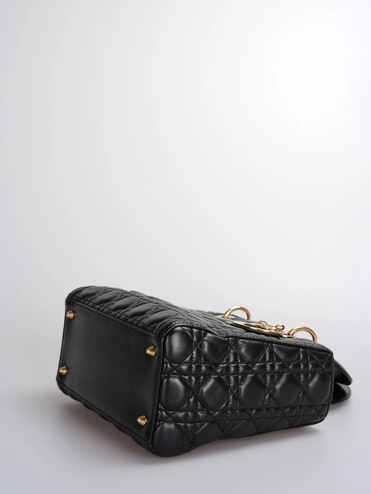 used-Christian Dior Black Medium Lady Dior Bag in Cannage Lambskin Leather with Gold Hardware-MILOURA