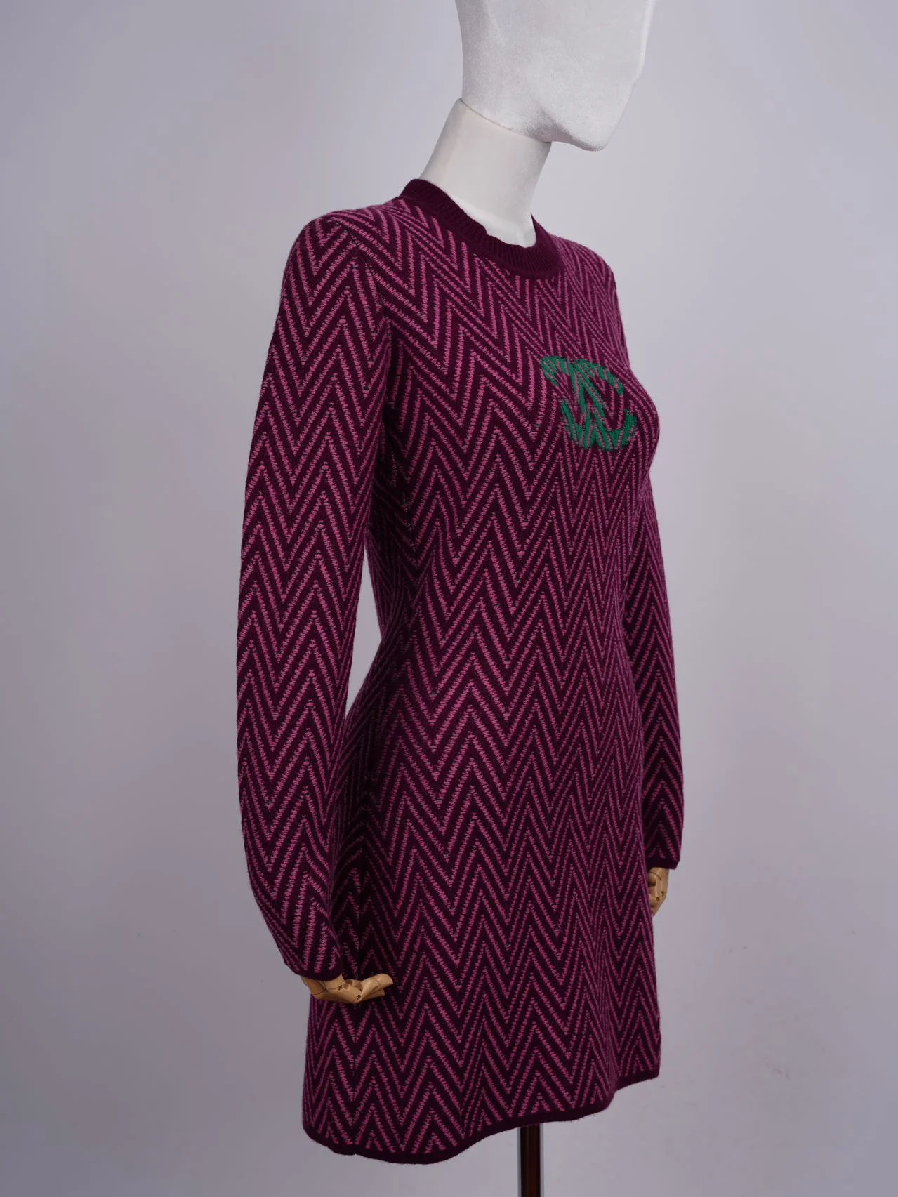 used-Chanel Burgundy and Green Chevron CC Cashmere Knit Dress Size 36-MILOURA