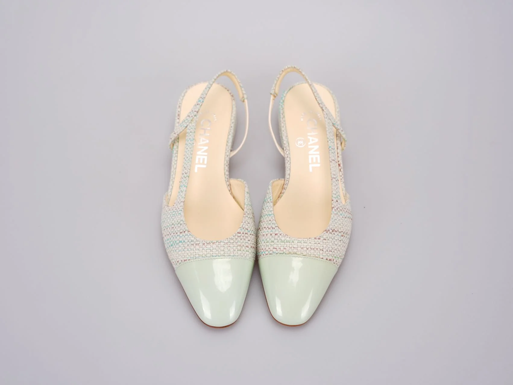 used-Chanel Light Green Tweed Slingback Patent Cap Toe Ballerinas 36-MILOURA