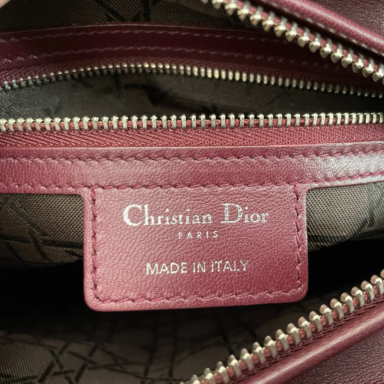 used-Christian Dior Burgundy Lady Dior Bag in Cannage Lambskin Leather with Silver Hardware Medium-MILOURA