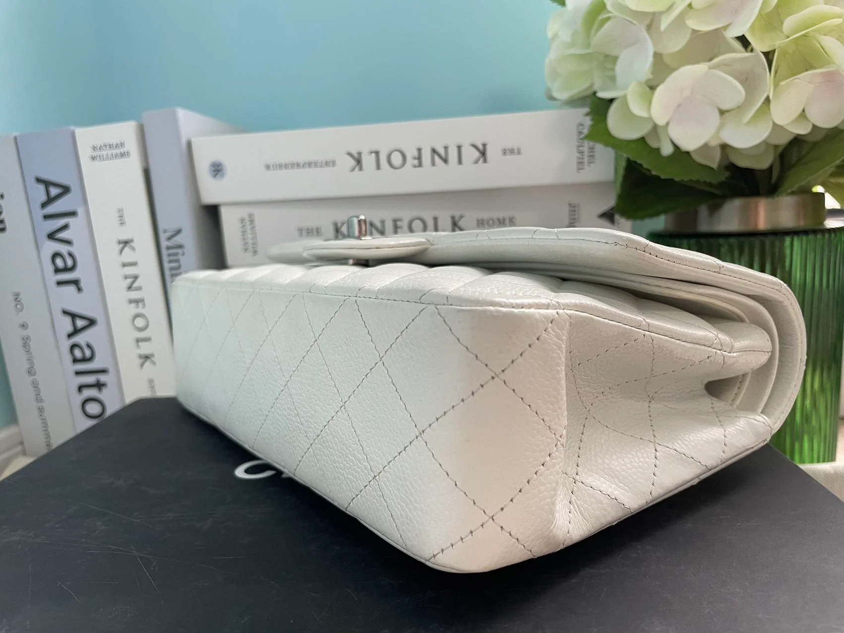 Chanel White Classic Flap Bag in medium Caviar Leather with Silver Hardware