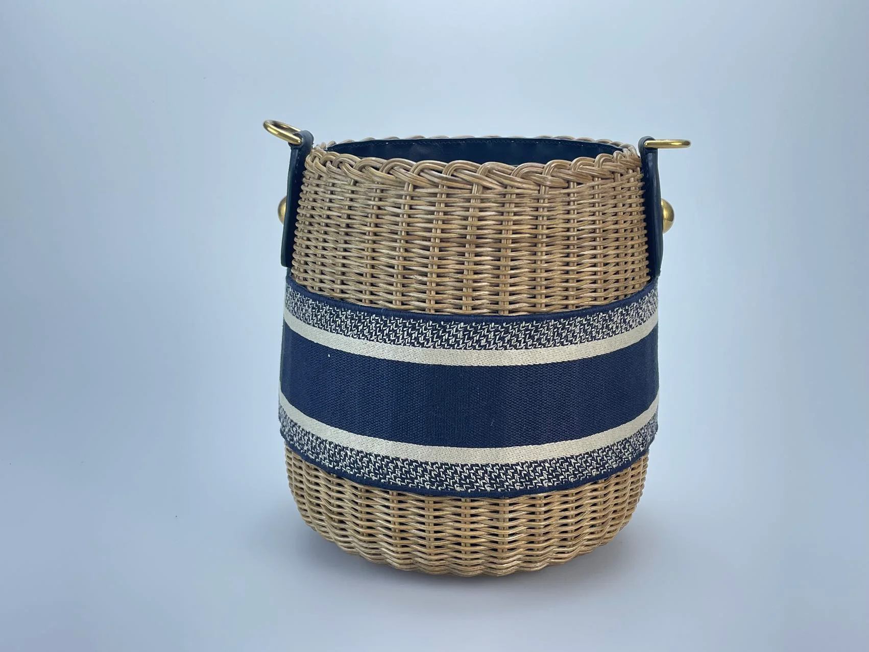 used-Dior Dioriviera Bucket Bag in Wicker and Blue Canvas With Gold Hardware-MILOURA
