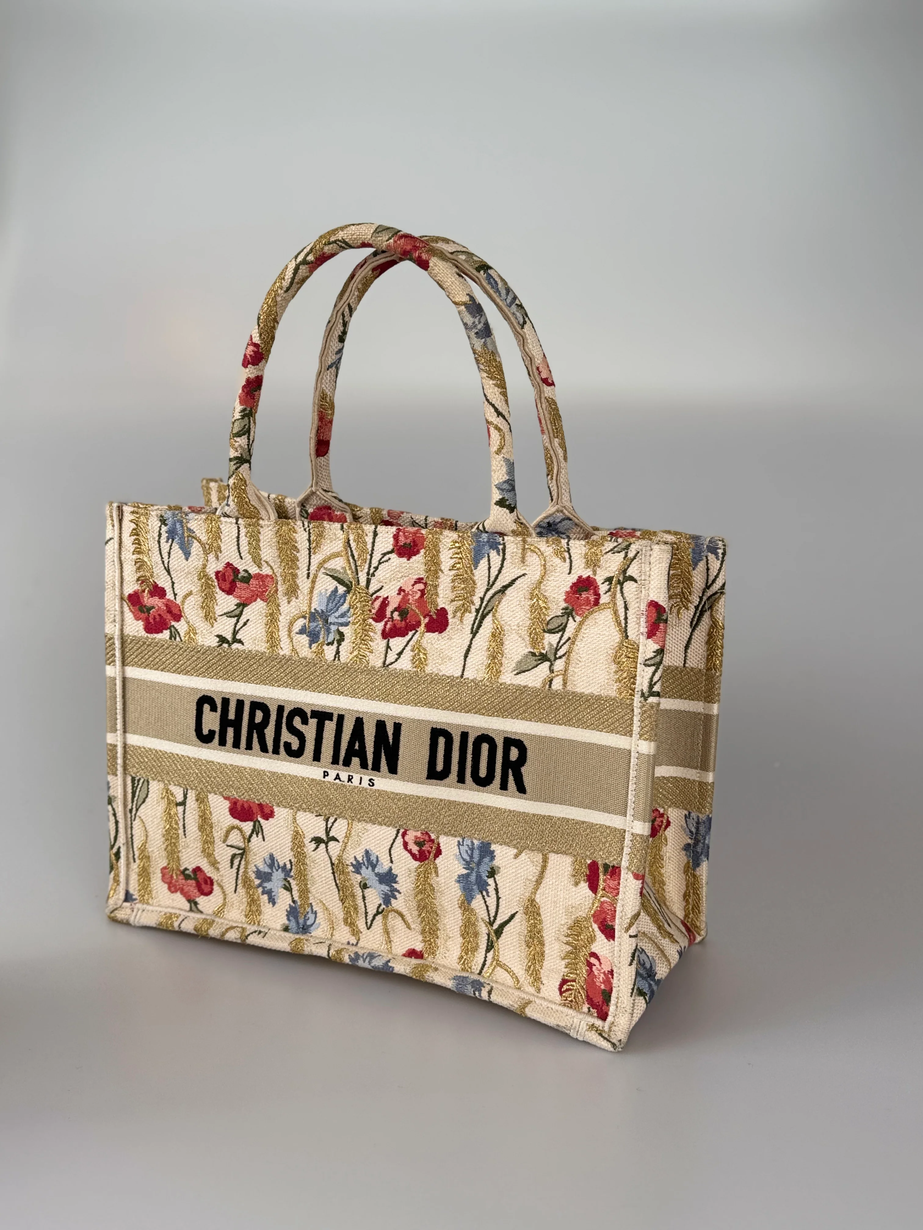used-CHRISTIAN DIOR Beige Floral Embroidered Canvas Book Tote Medium-MILOURA