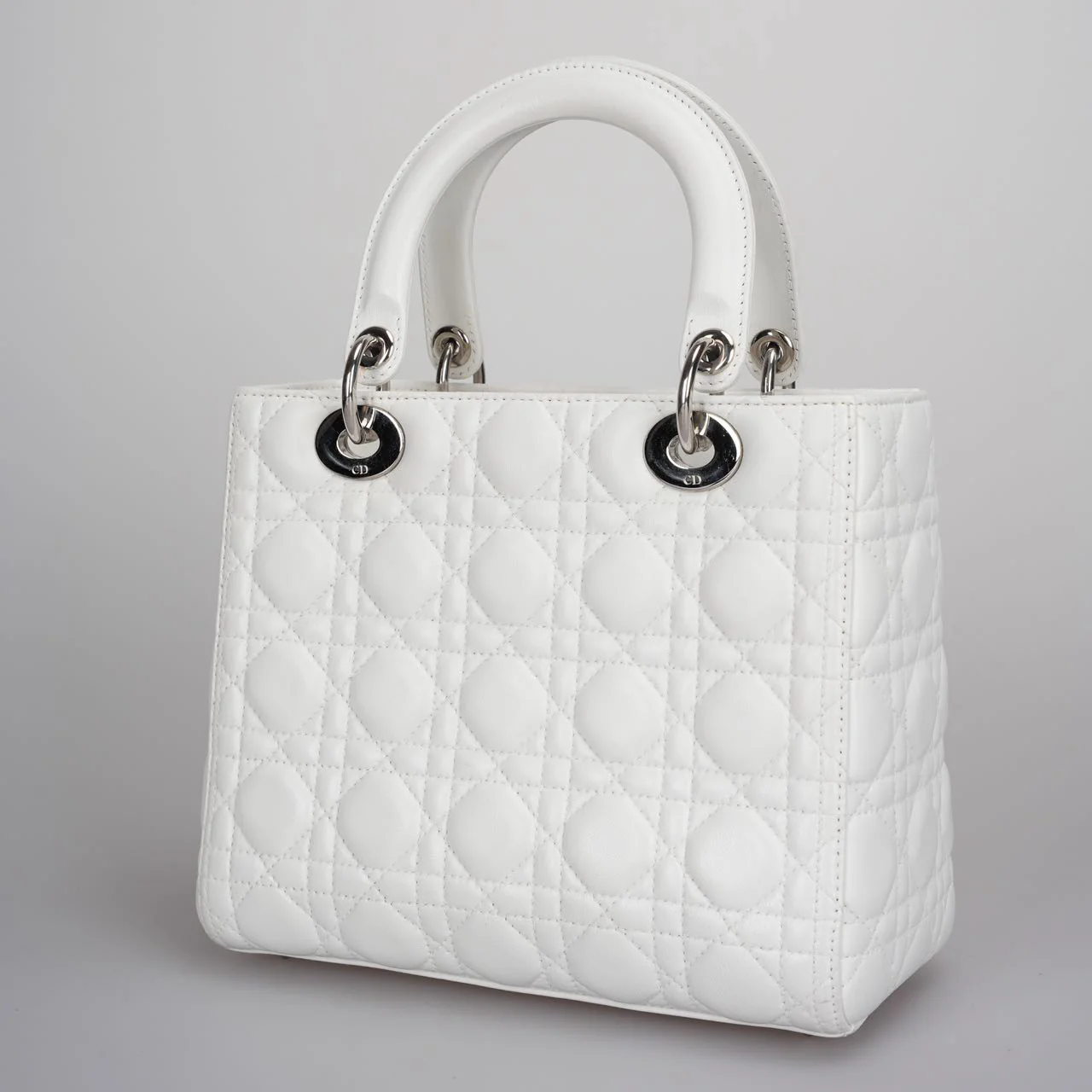 used-Christian Dior White Medium Lady Dior Bag in Cannage Lambskin Leather with Silver Hardware-MILOURA