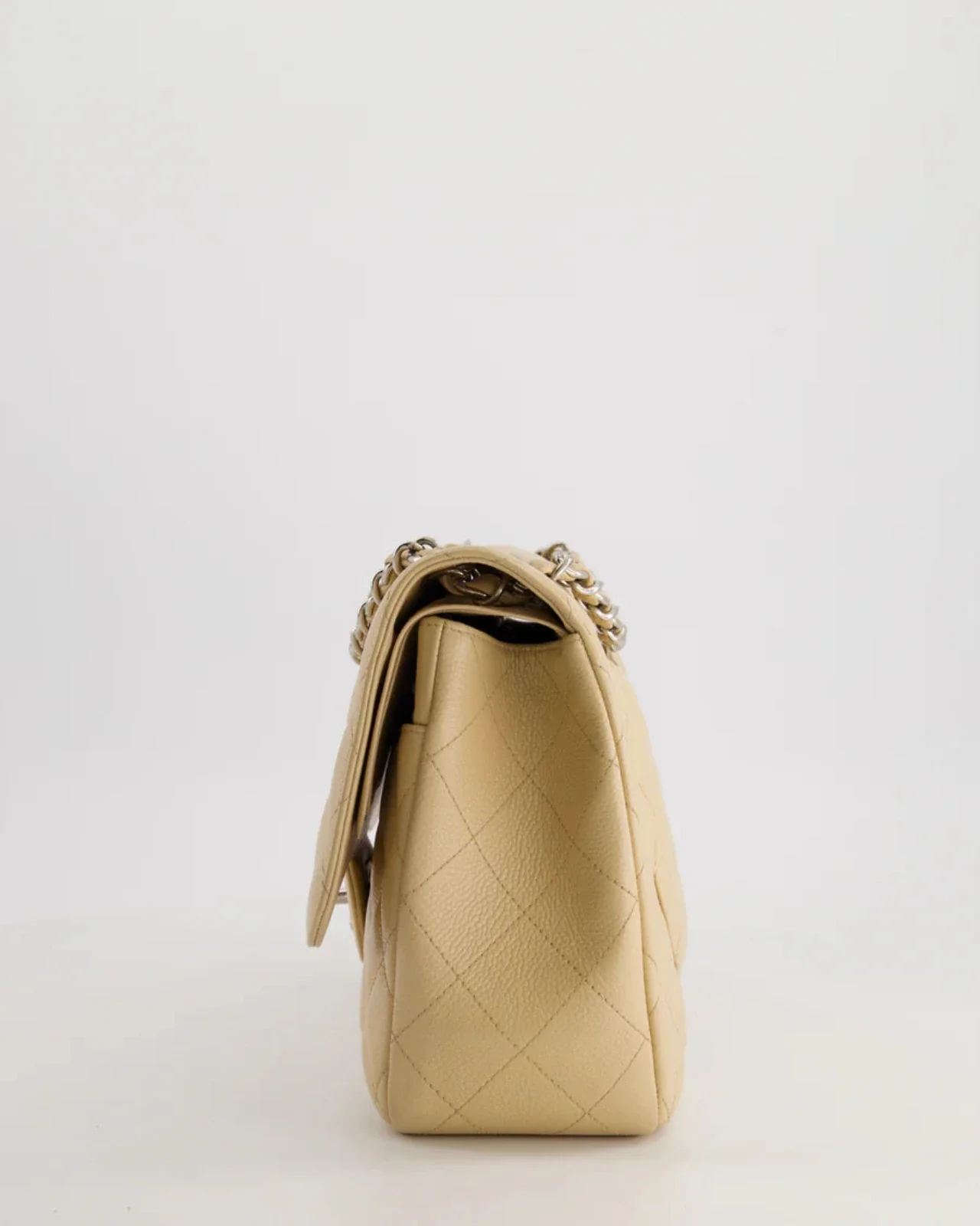 used-Chanel timeless Flap Bag Beige Jumbo size Caviar Leather with Silver Hardware-MILOURA