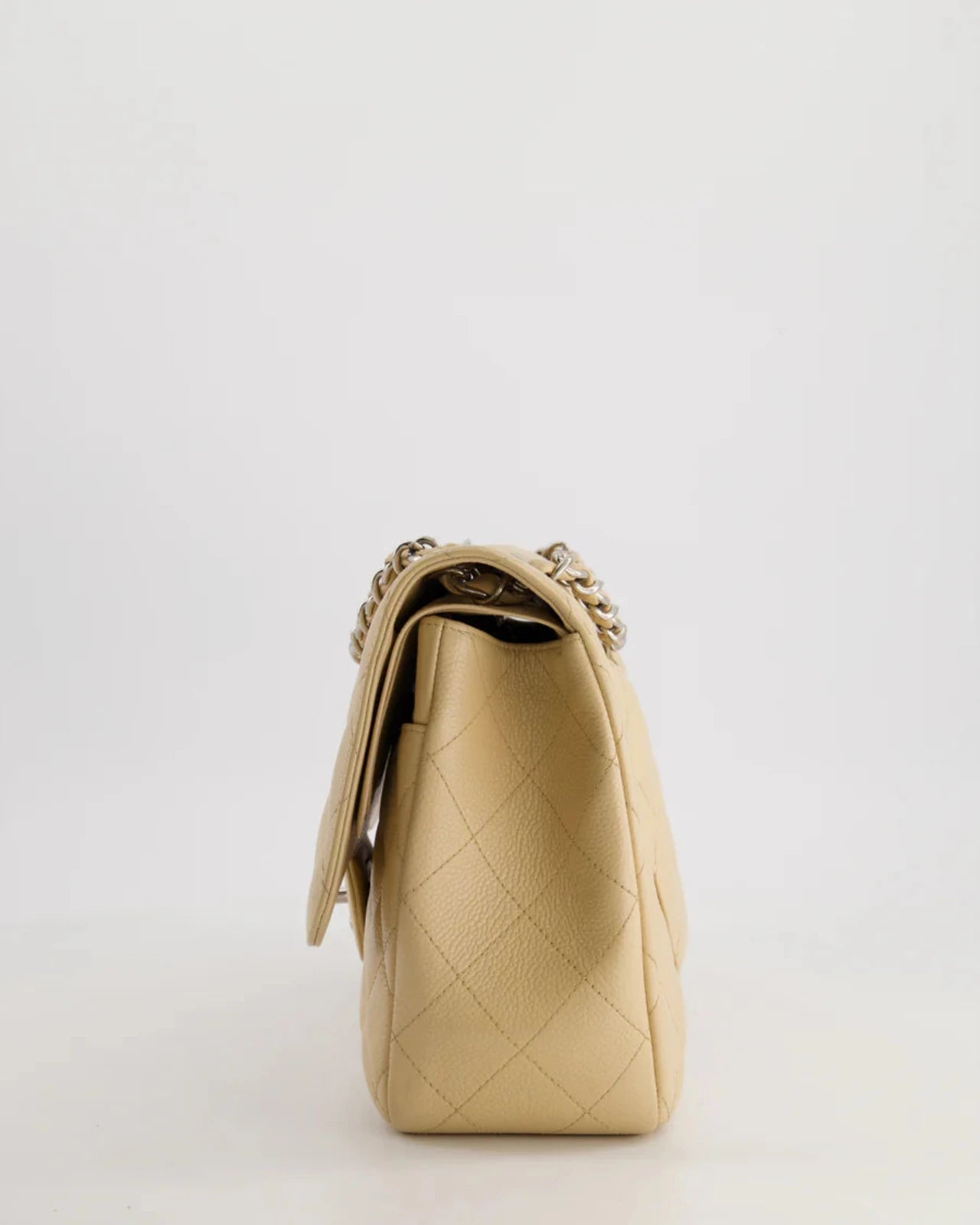 used-Chanel timeless Flap Bag Beige Jumbo size Caviar Leather with Silver Hardware-MILOURA