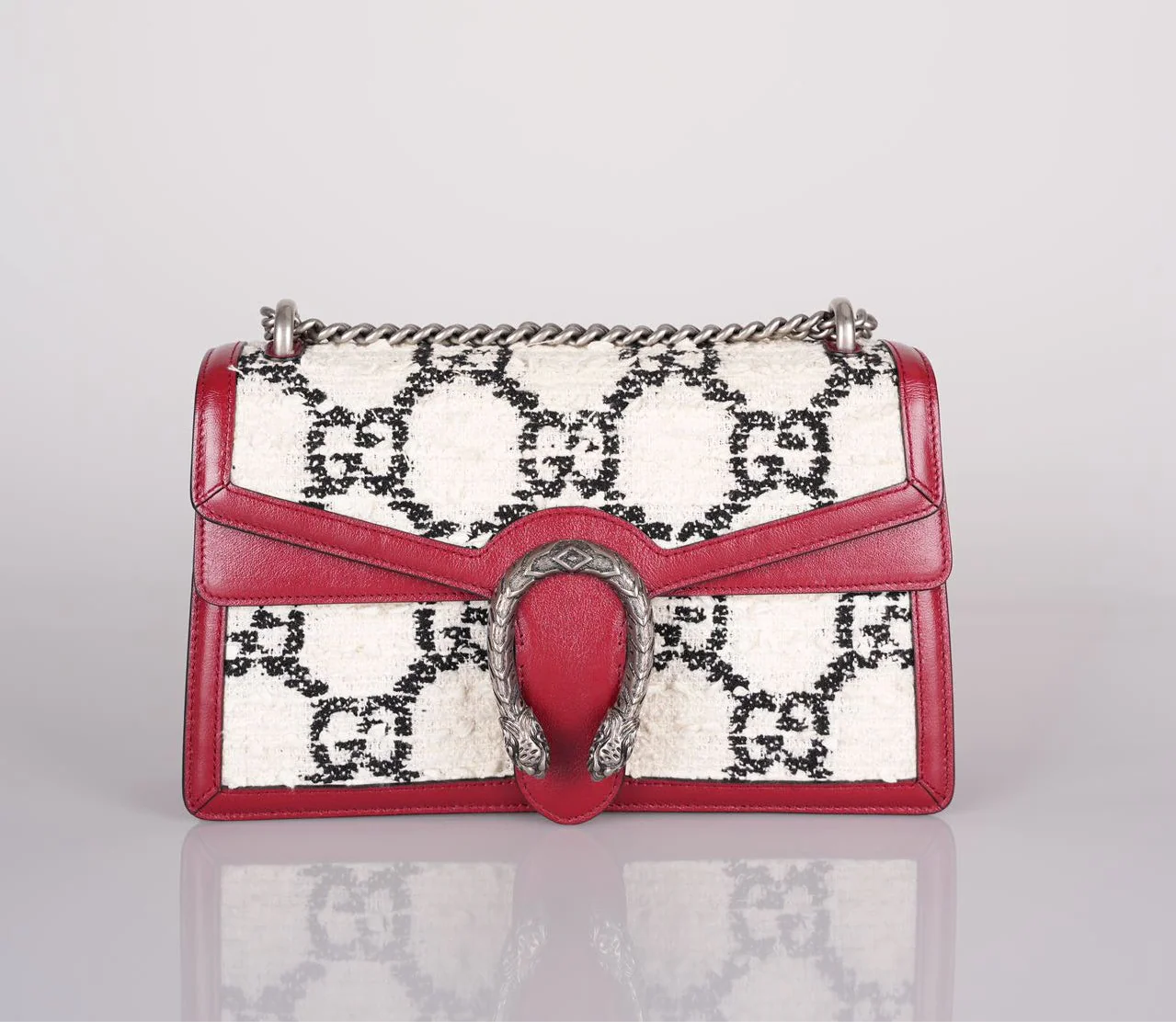 used-Gucci Tweed Monogram Small Dionysus Shoulder Bag in White/Black/Romantic Cherry-MILOURA