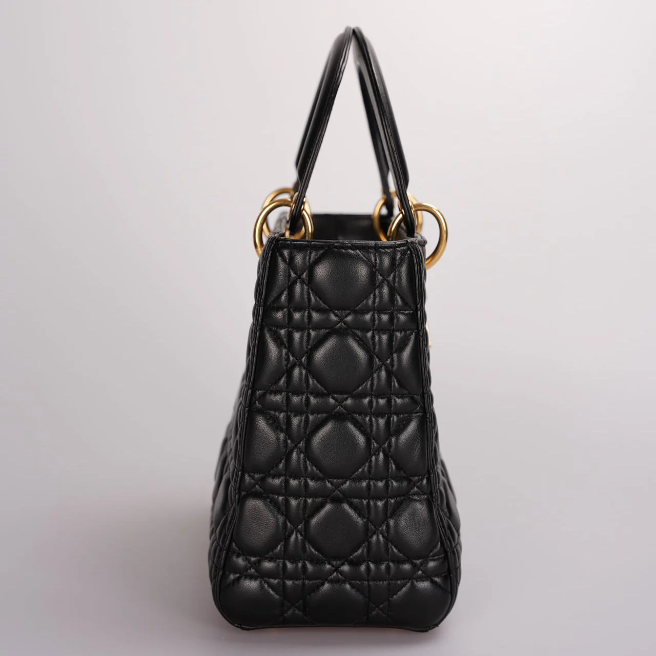 used-Christian Dior Black Medium Lady Dior Bag in Cannage Lambskin Leather with Gold Hardware-MILOURA
