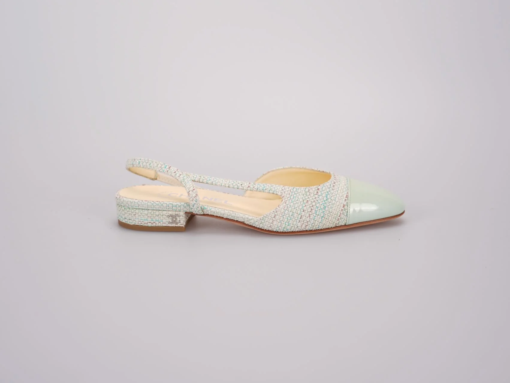 used-Chanel Light Green Tweed Slingback Patent Cap Toe Ballerinas 36-MILOURA