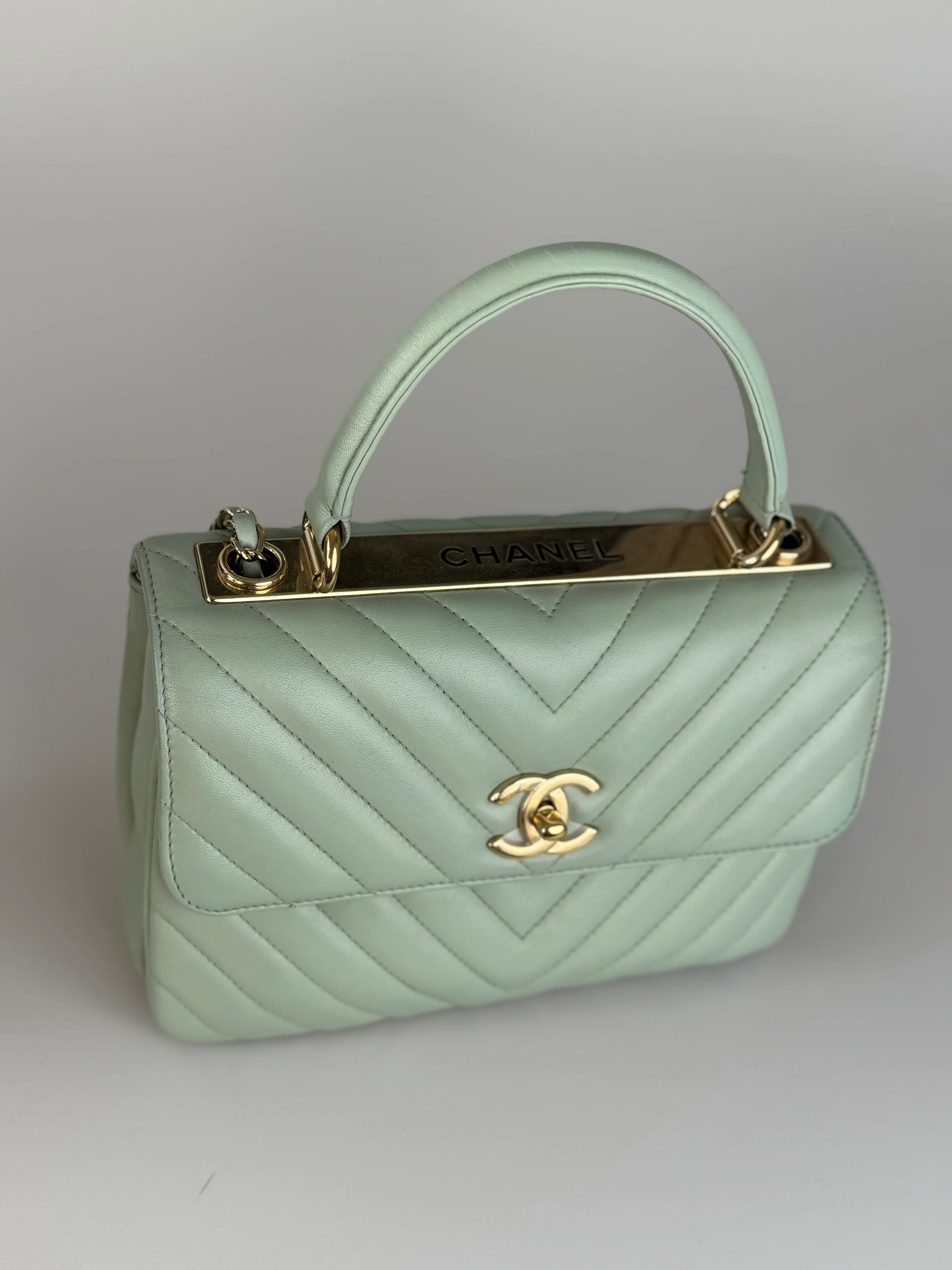 used-CHANEL Lambskin Chevron Quilted Small Trendy CC Dual Handle Flap Bag Light Green-MILOURA