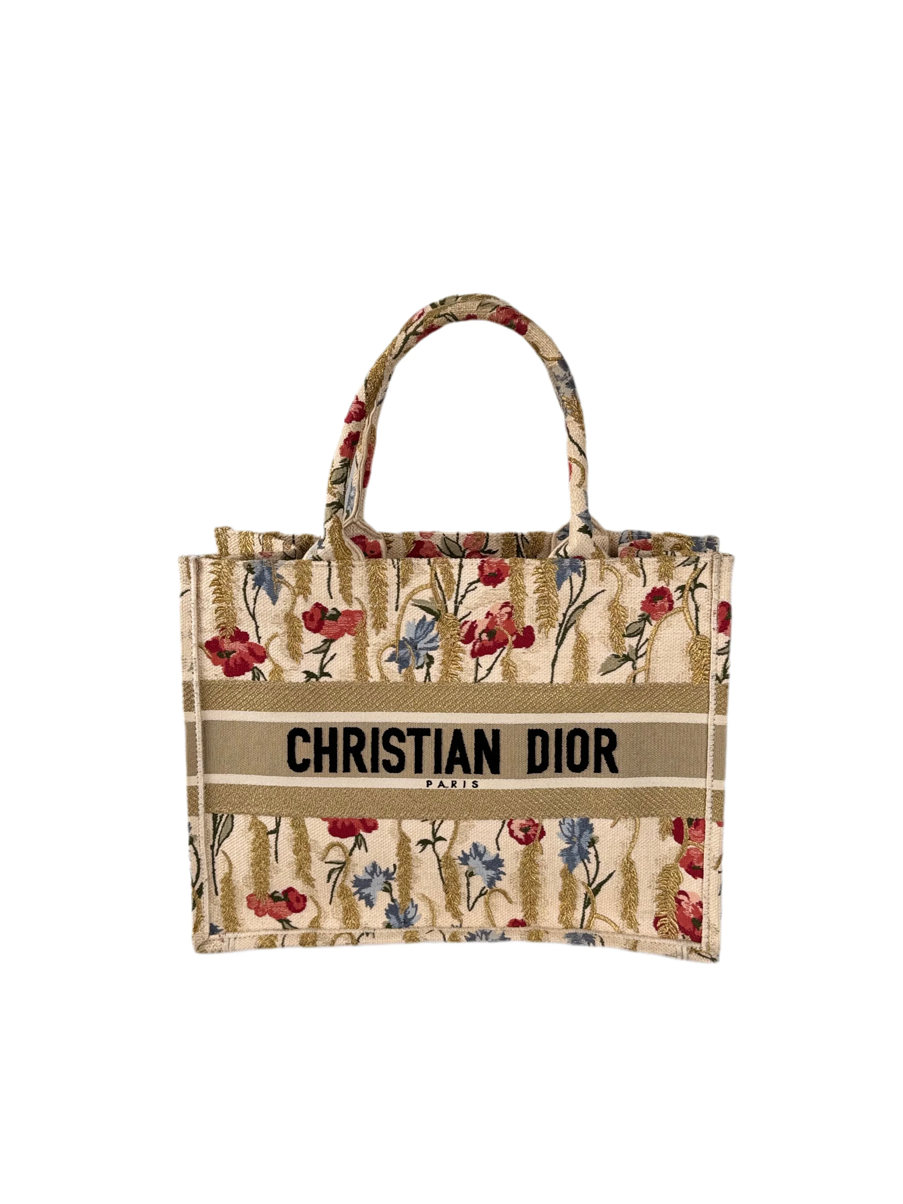 used-CHRISTIAN DIOR Beige Floral Embroidered Canvas Book Tote Medium-MILOURA