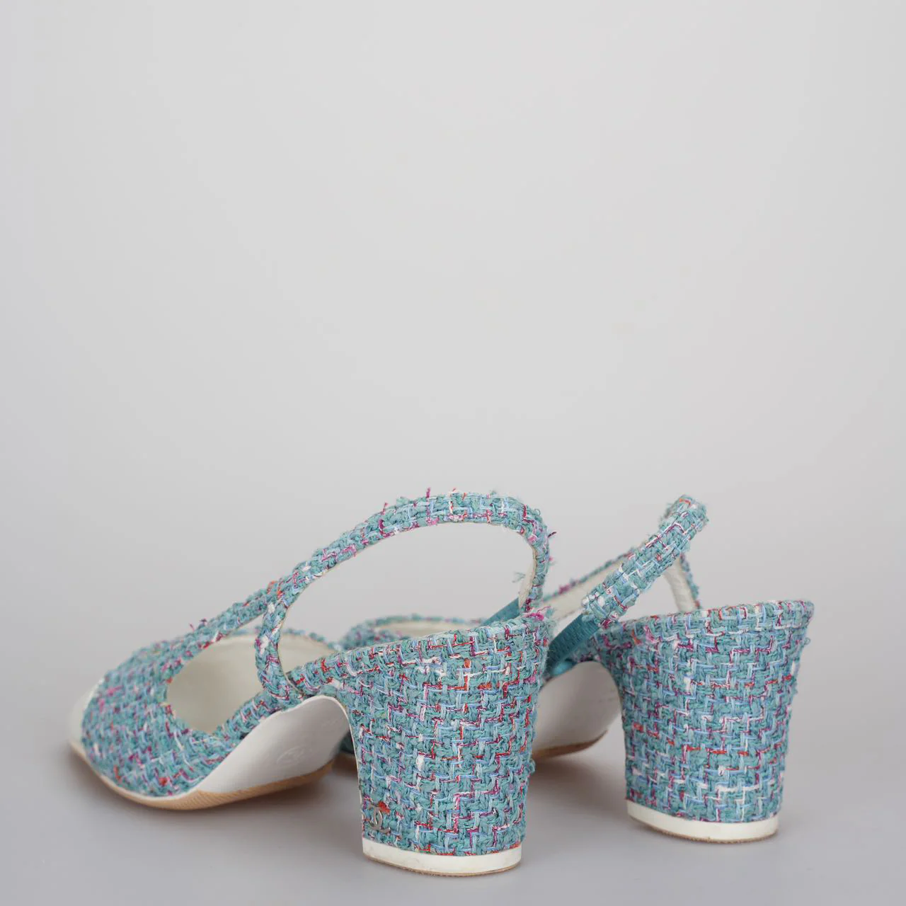 used-Chanel tweed slingback Tiffany blue pumps 38-MILOURA