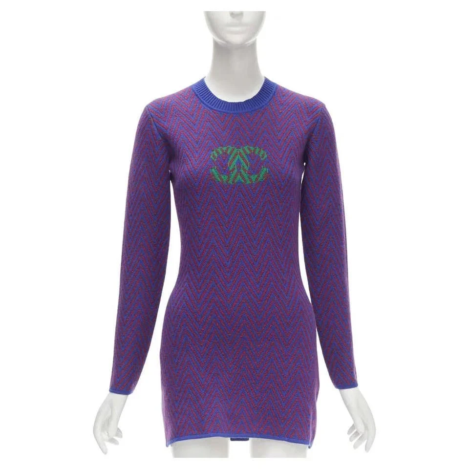 used-CHANEL 100% cashmere blue red chevron green CC logo crystal brooch dress FR40-MILOURA