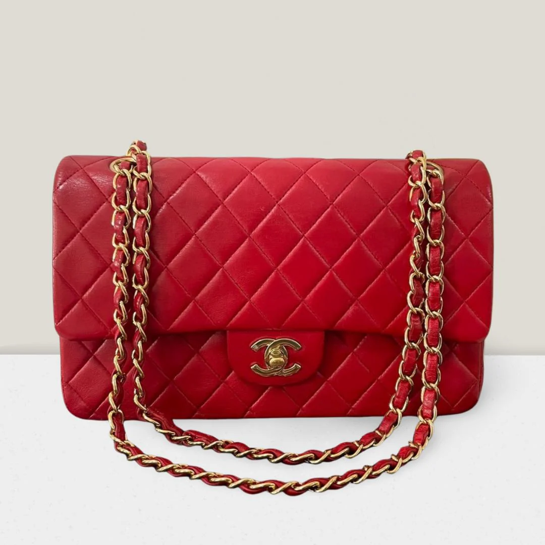 used-Chanel Red Vintage Classic Double Flap Bag Medium in Lambskin Leather 24K Gold Hardware-MILOURA