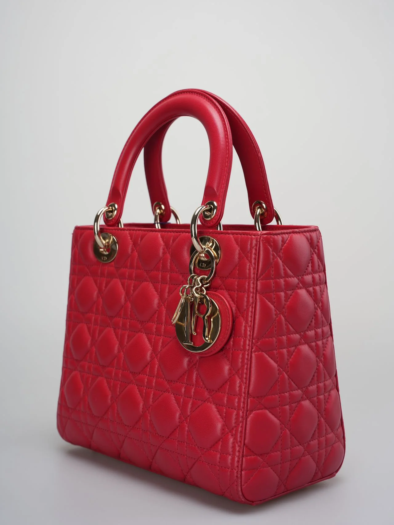 used-Christian Dior Red Medium Lady Dior Bag in Cannage Lambskin Leather with Gold Hardware-MILOURA
