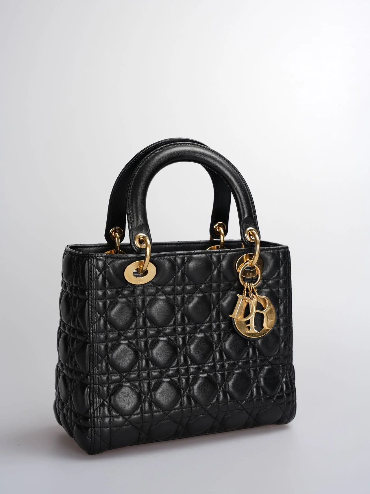 used-Christian Dior Black Medium Lady Dior Bag in Cannage Lambskin Leather with Gold Hardware-MILOURA