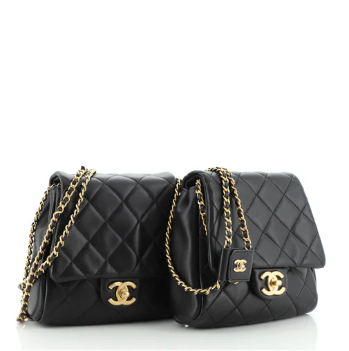 used-Chanel Lambskin Quilted Side Packs Black small double bag with pearls chain with cc logo-MILOURA