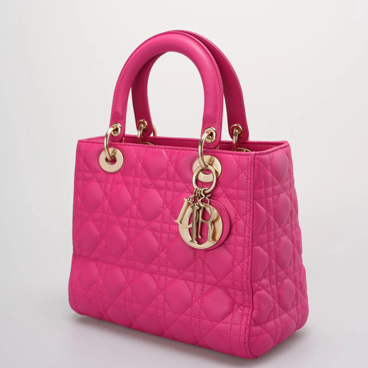 used-Christian Dior Pink Lady Dior Bag in Cannage Lambskin Leather with Gold Hardware Medium-MILOURA
