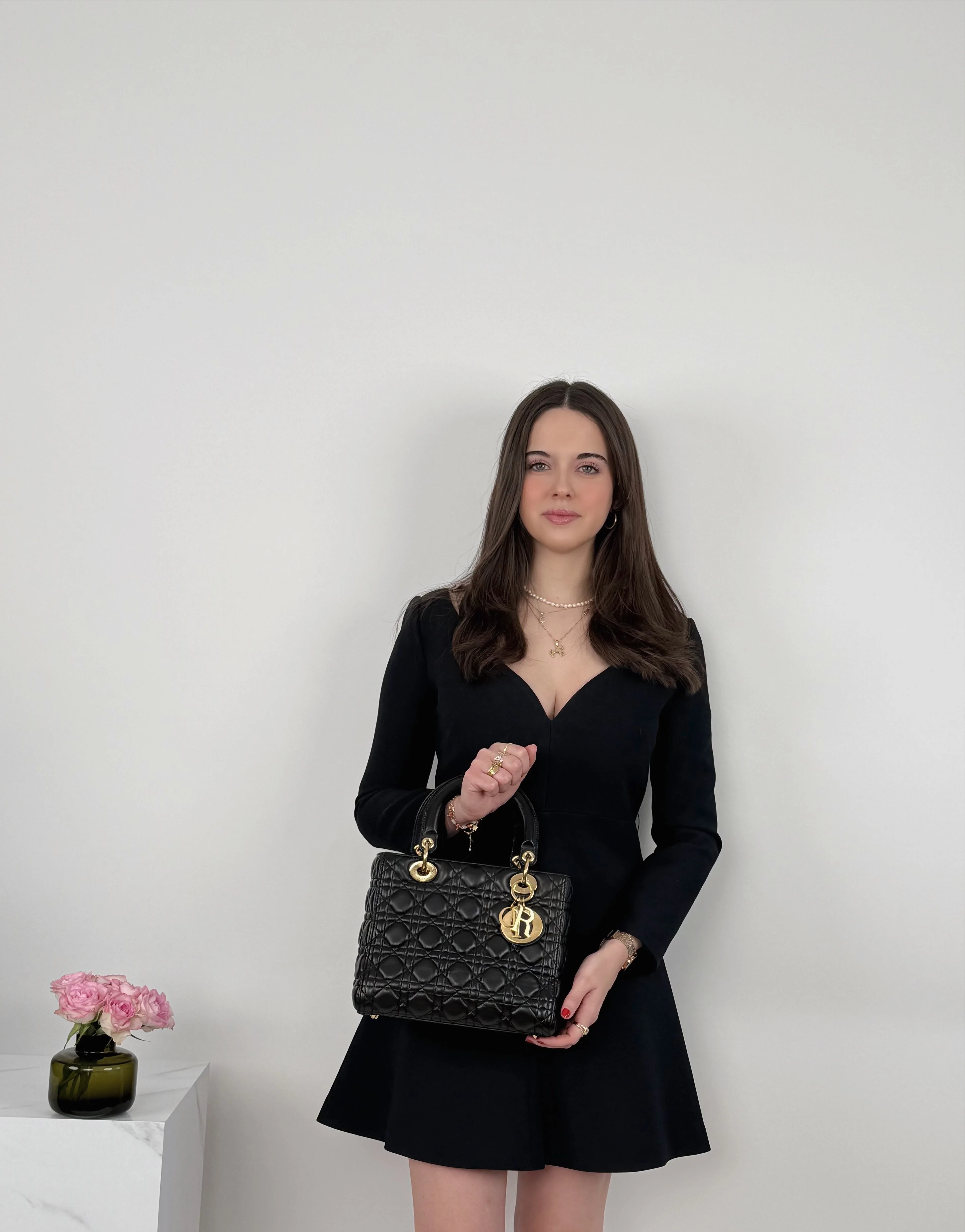 used-Christian Dior Black Medium Lady Dior Bag in Cannage Lambskin Leather with Gold Hardware-MILOURA