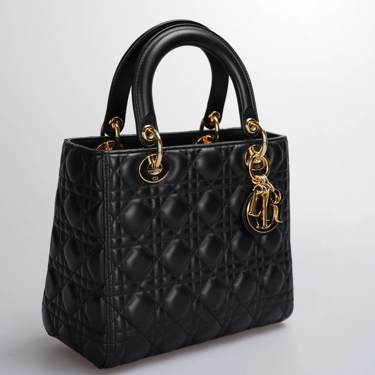 used-Christian Dior Black Medium Lady Dior Bag in Cannage Lambskin Leather with Gold Hardware-MILOURA