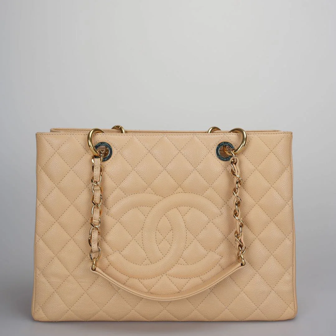 used-Chanel beige Grand Shopping Tote Beige GST Bag in Caviar Leather with Gold Hardware-MILOURA