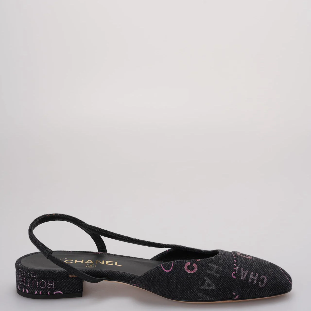 Chanel Black Denim Slingback Mademoiselle Coco Flat size 38