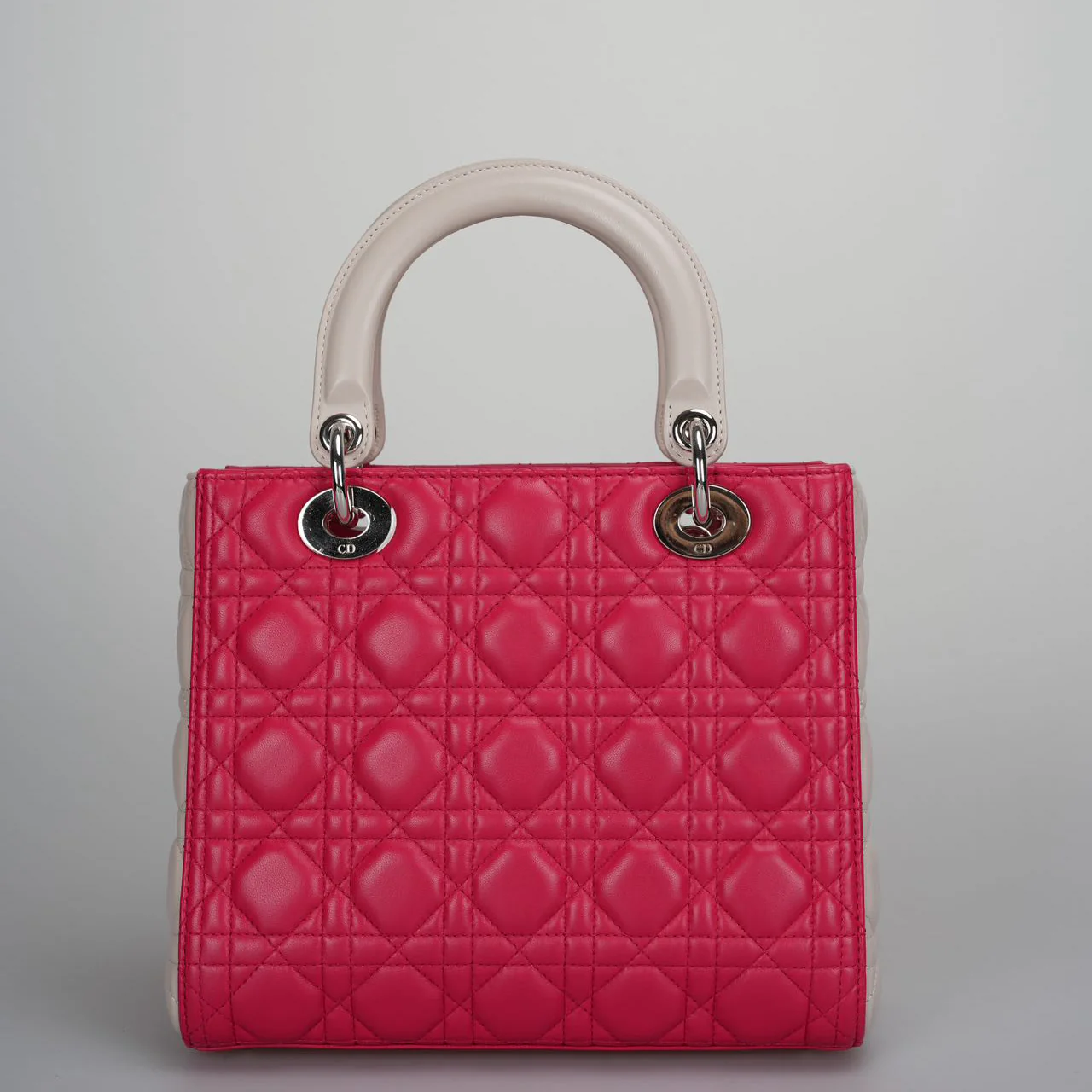 used-Christian Dior Lady Dior Bag Cannage Medium Hand Bag Lamb Skin Red White-MILOURA