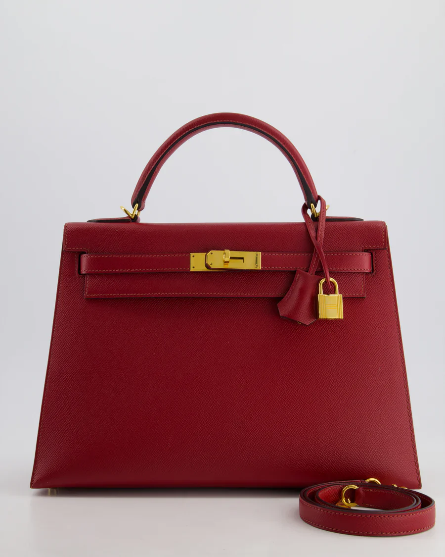 used-Hermes Kelly 32cm Sellier Bag in Dark Red Epsom Leather Gold Hardware-MILOURA