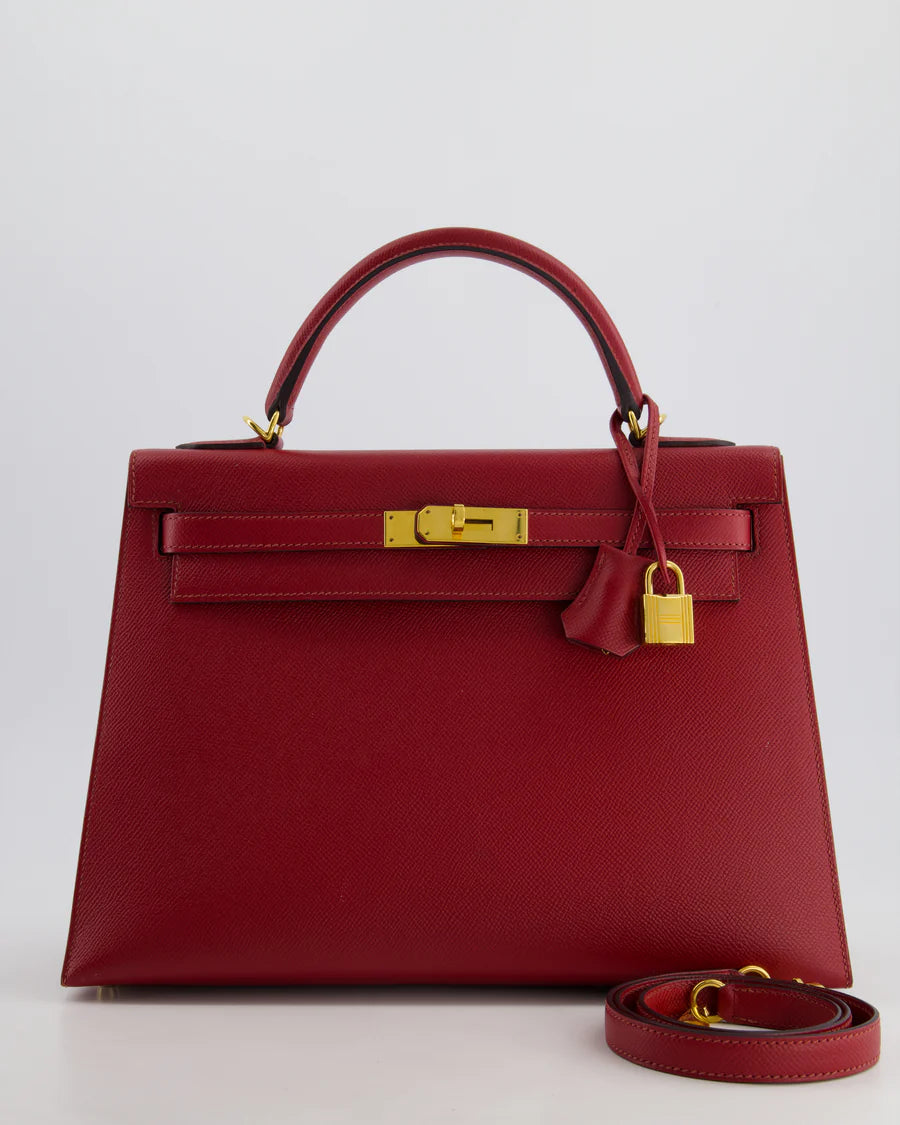 used-Hermes Kelly 32cm Sellier Bag in Dark Red Epsom Leather Gold Hardware-MILOURA