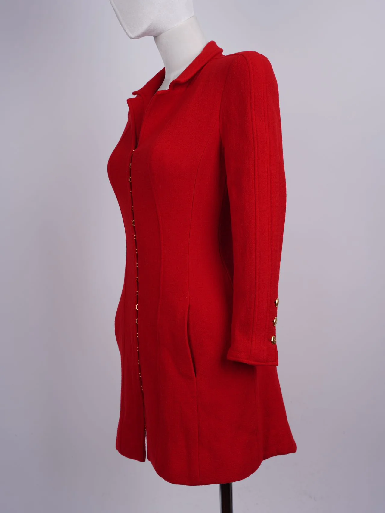 used-Chanel Vintage Red Jacket Dress with Gold CC Logo Button Details FR 38-MILOURA