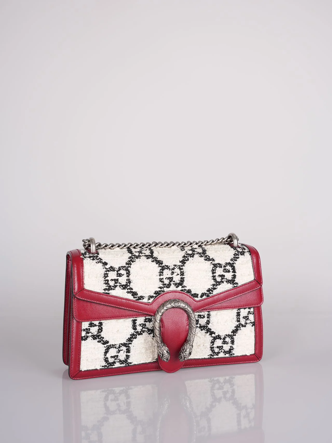 used-Gucci Tweed Monogram Small Dionysus Shoulder Bag in White/Black/Romantic Cherry-MILOURA