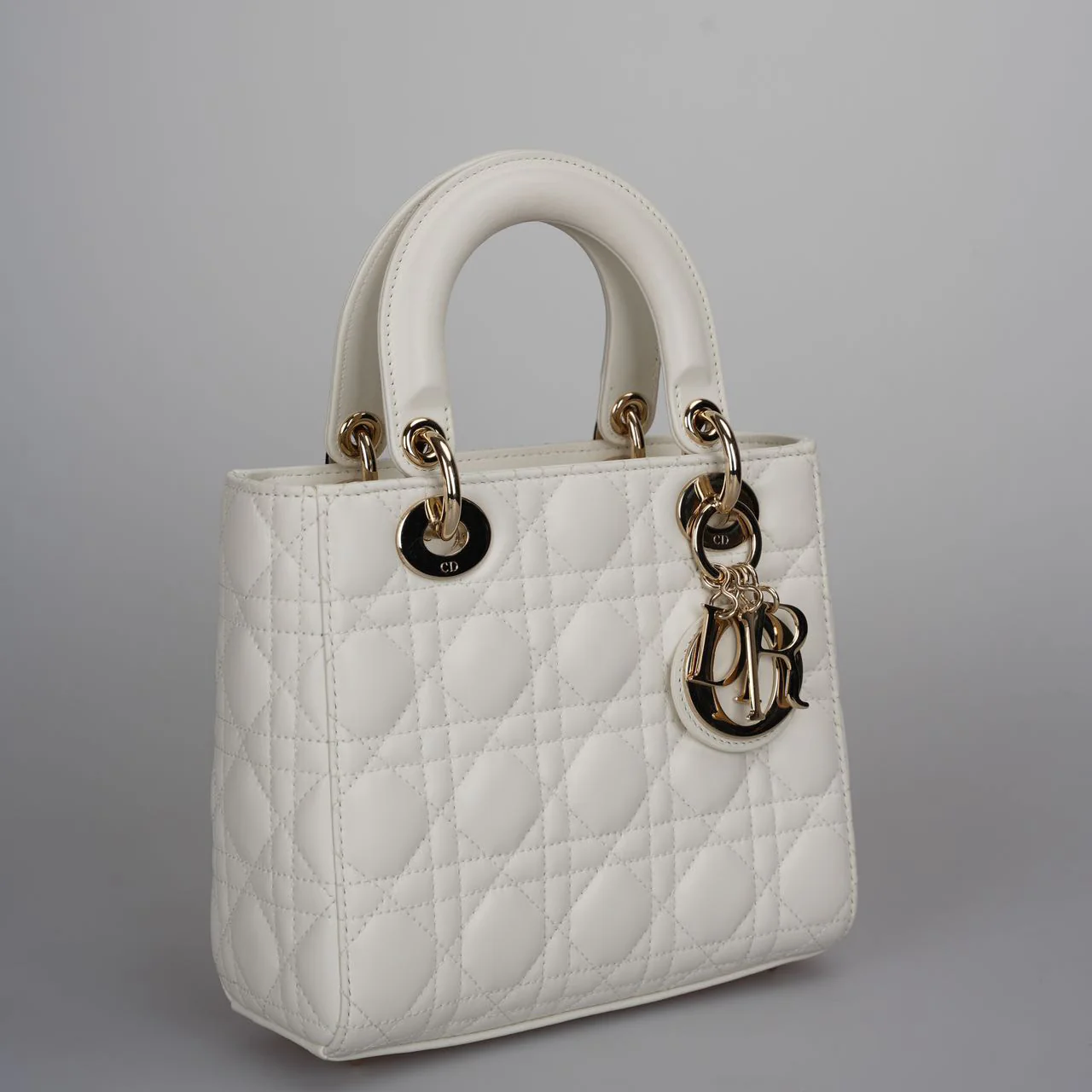 used-Christian Dior White Small Lady Dior Bag in Cannage Lambskin Leather with Gold Hardware 2020-MILOURA