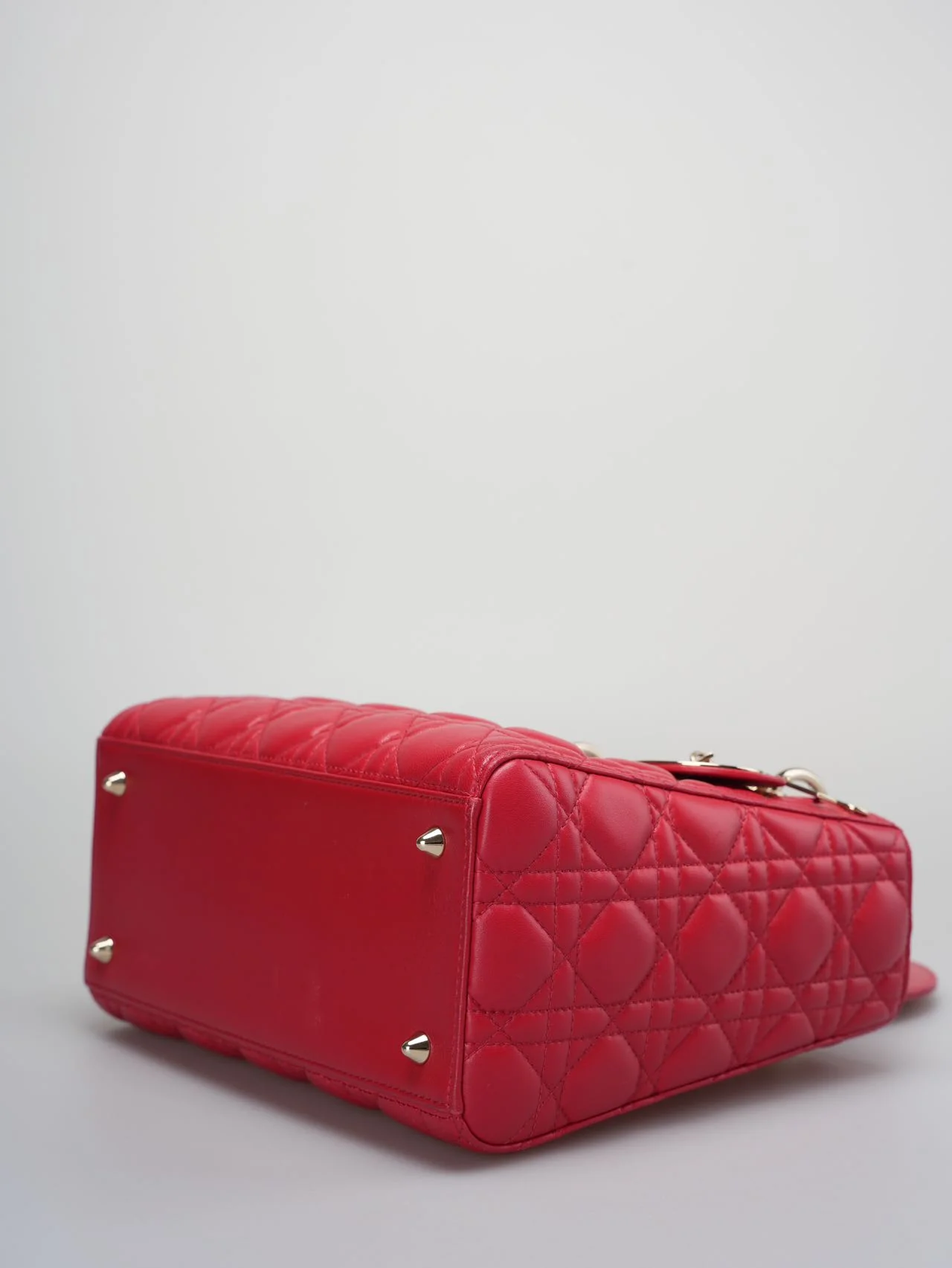 used-Christian Dior Red Medium Lady Dior Bag in Cannage Lambskin Leather with Gold Hardware-MILOURA