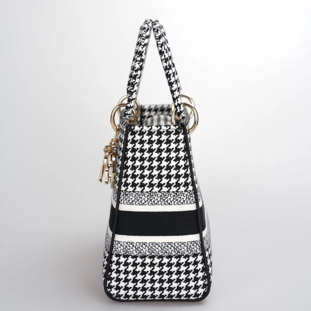 used-Christian Dior Black White Houndstooth Canvas Medium Lady D-Lite bag-MILOURA