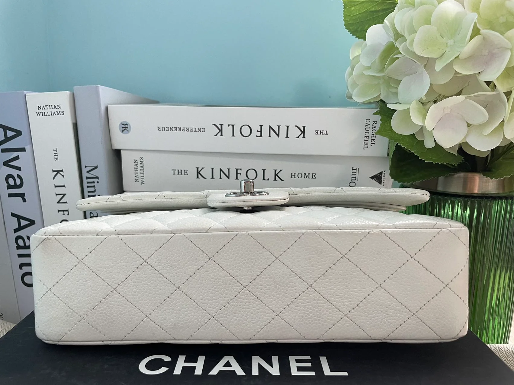 Chanel White Classic Flap Bag in medium Caviar Leather with Silver Hardware