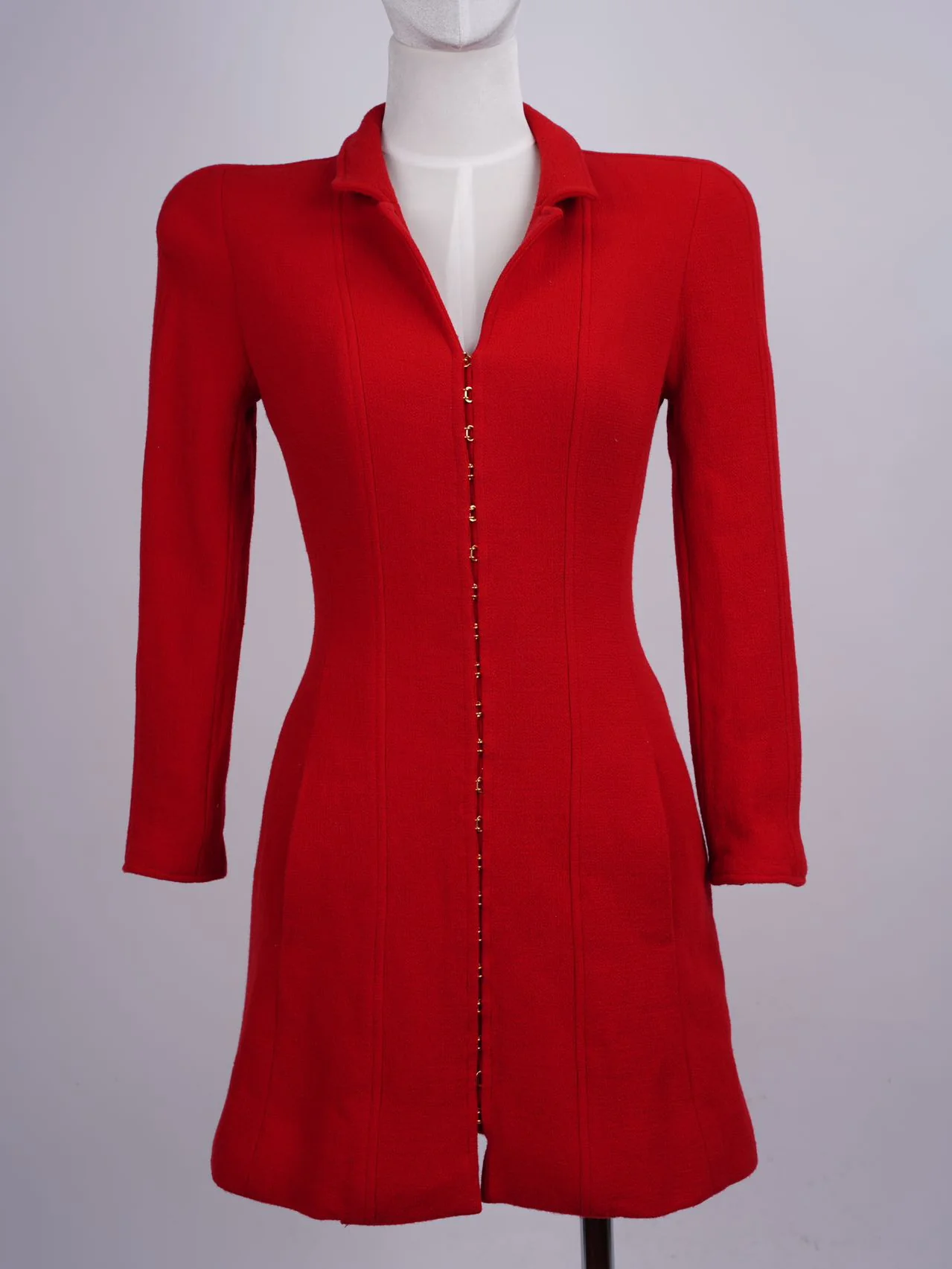 used-Chanel Vintage Red Jacket Dress with Gold CC Logo Button Details FR 38-MILOURA