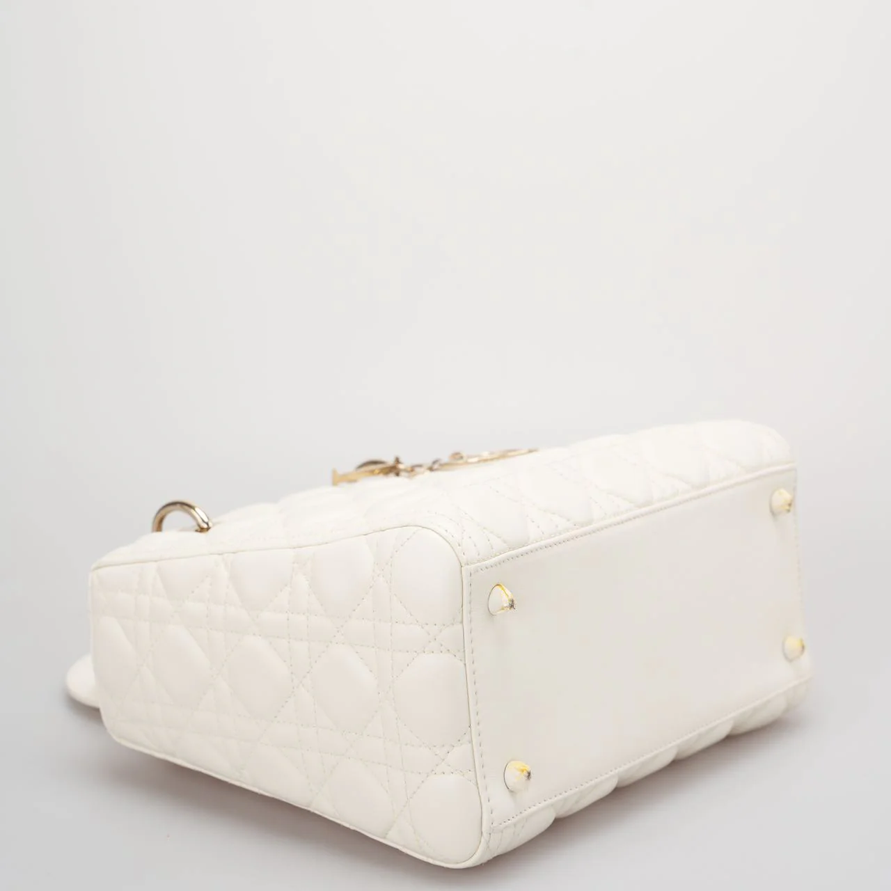 used-Christian Dior White Medium Lady Dior Bag in Cannage Lambskin Leather with Gold Hardware-MILOURA