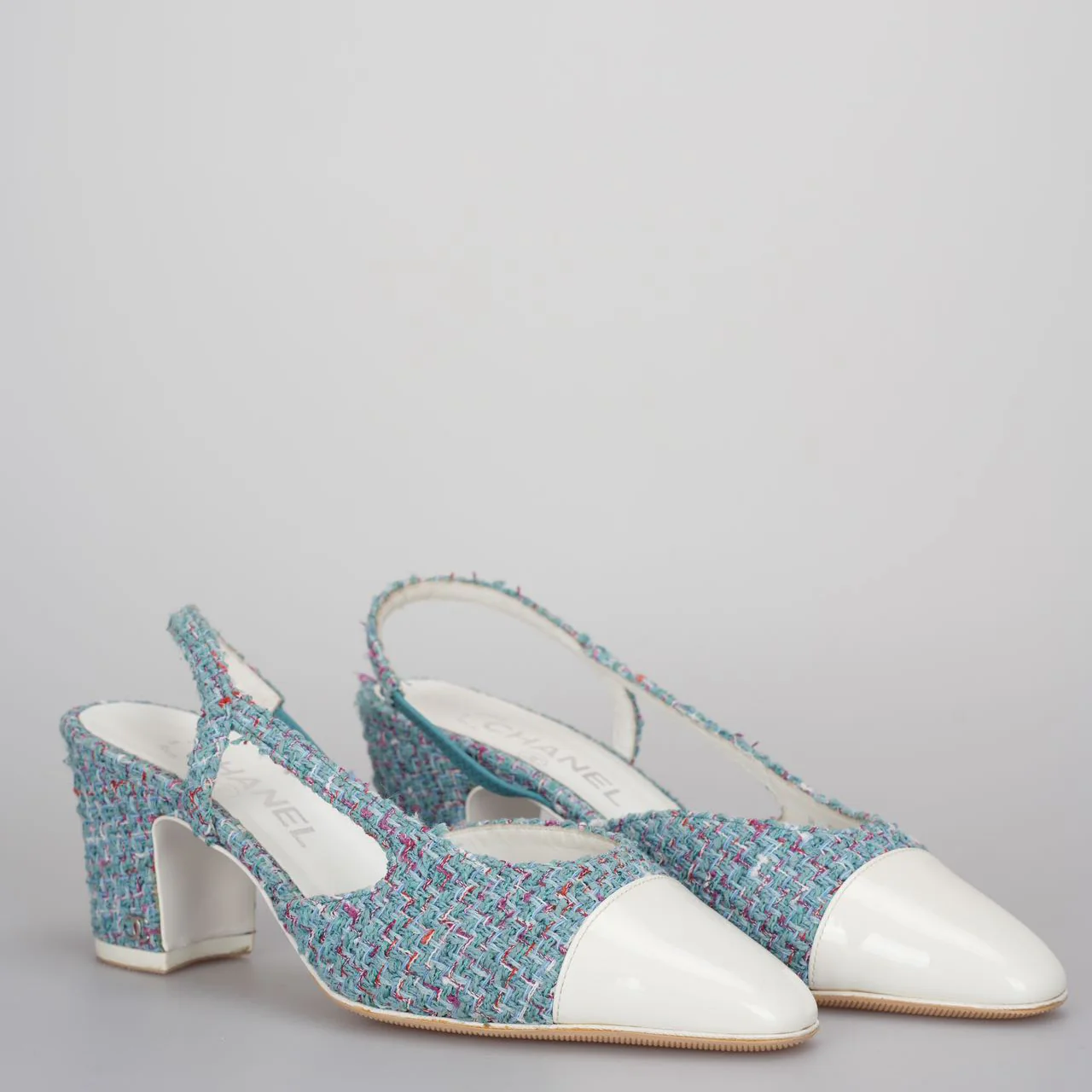 used-Chanel tweed slingback Tiffany blue pumps 38-MILOURA