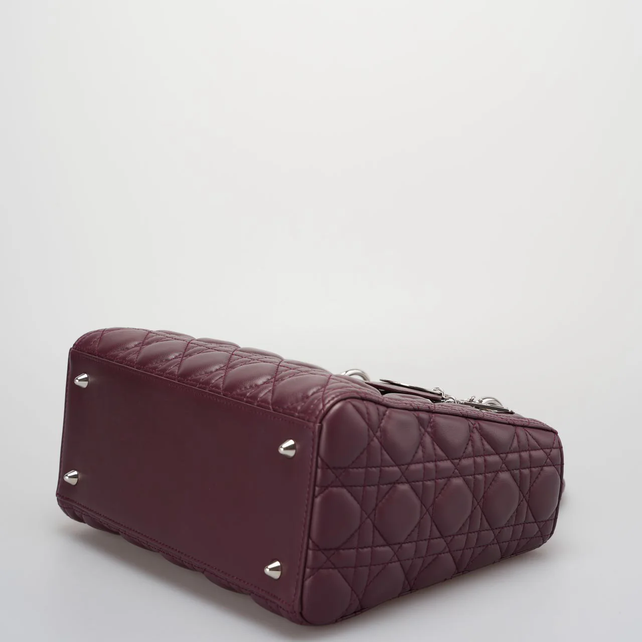 used-Christian Dior Burgundy Lady Dior Bag in Cannage Lambskin Leather with Silver Hardware Medium-MILOURA