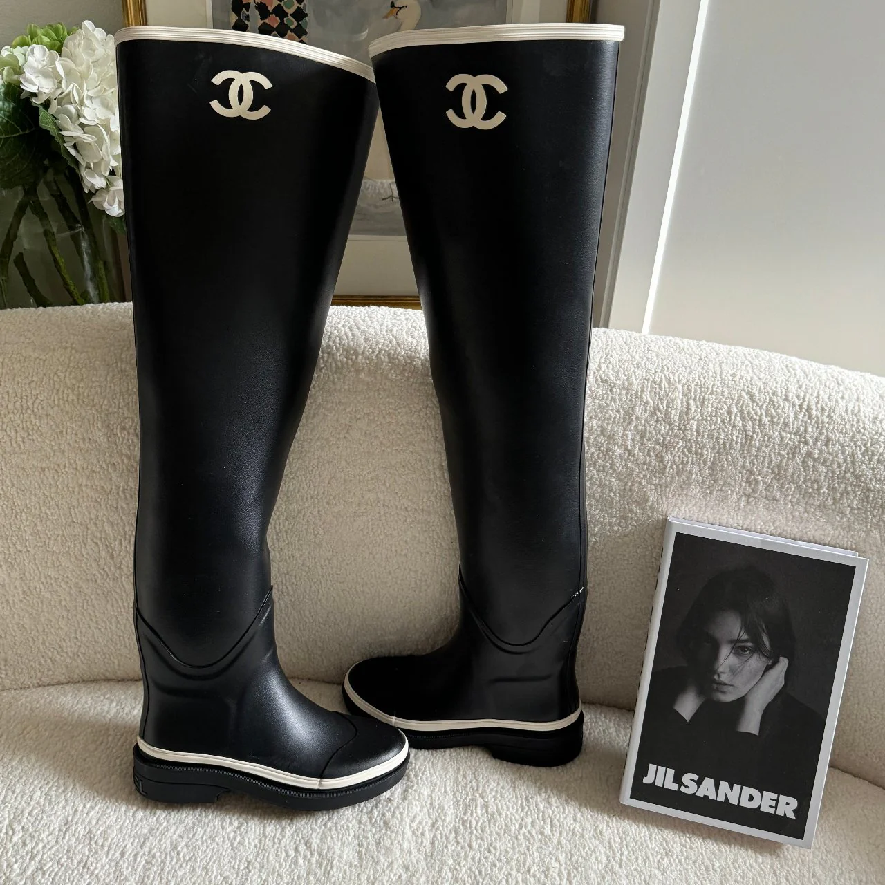 used-Chanel rubber over the knee boots in black and white with CC logo 36 Limited Edition-MILOURA