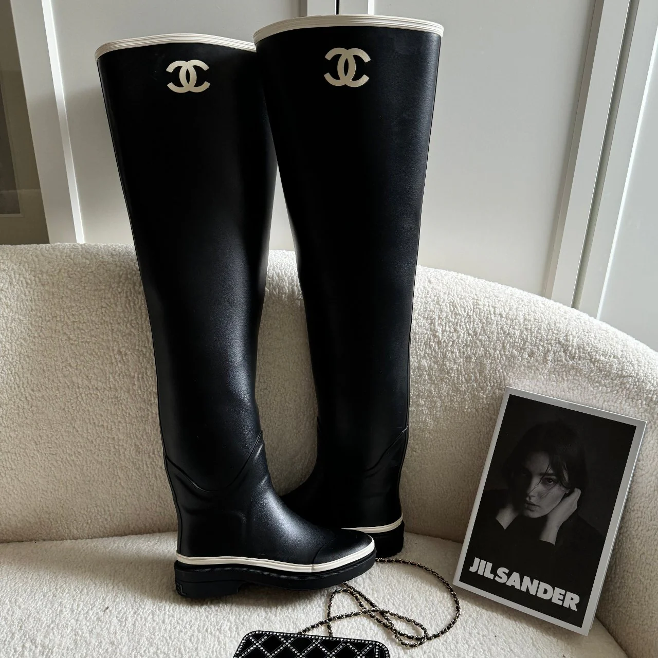 used-Chanel rubber over the knee boots in black and white with CC logo 36 Limited Edition-MILOURA