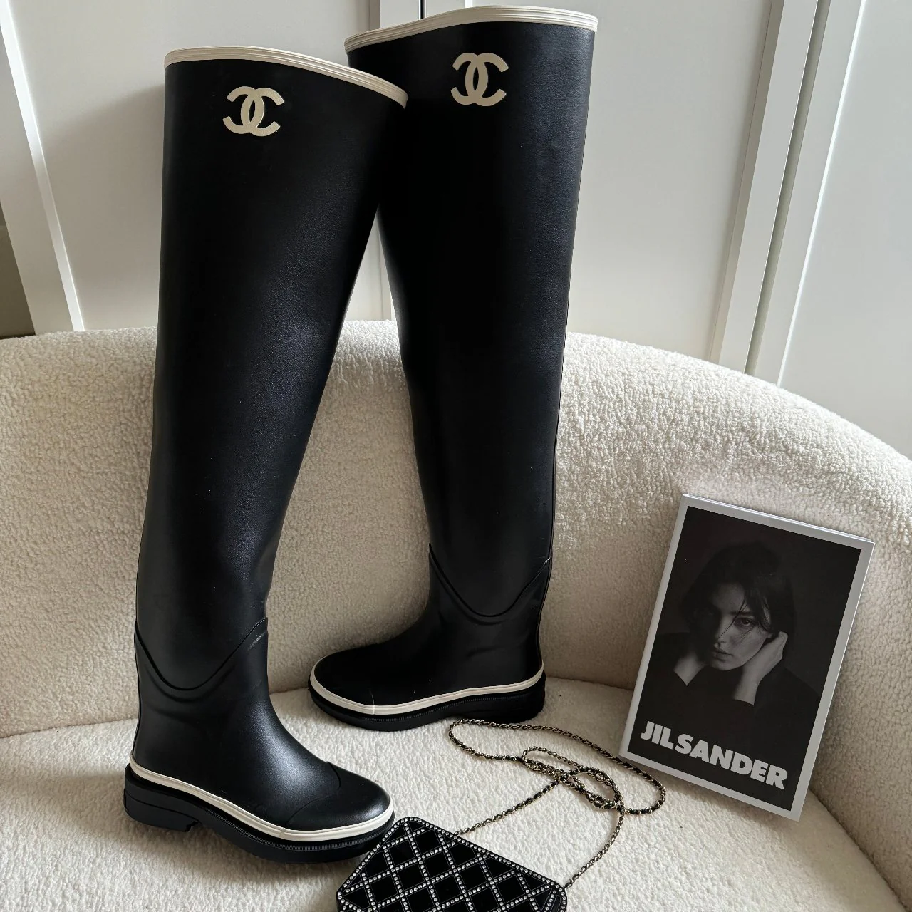 used-Chanel rubber over the knee boots in black and white with CC logo 36 Limited Edition-MILOURA