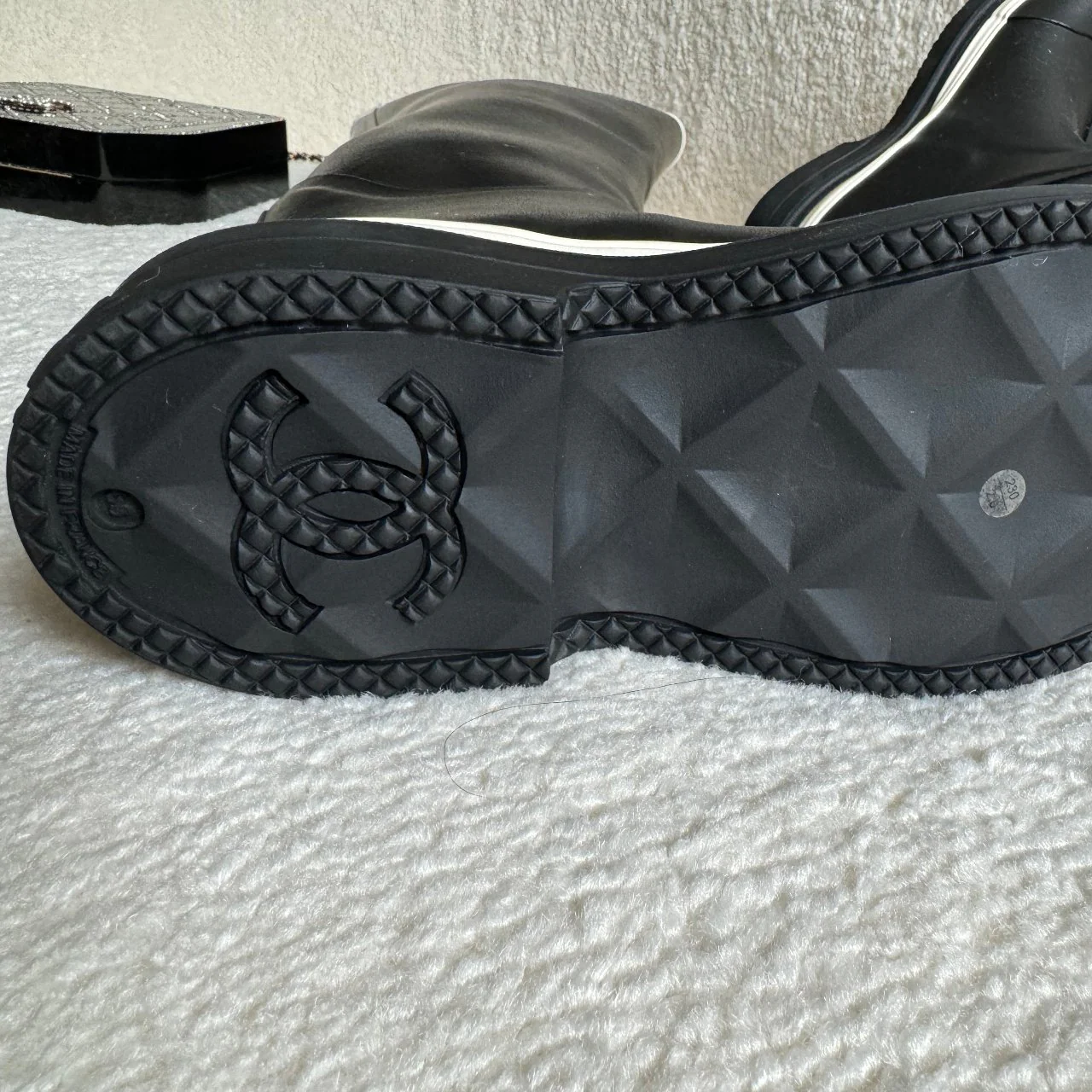 used-Chanel rubber over the knee boots in black and white with CC logo 36 Limited Edition-MILOURA