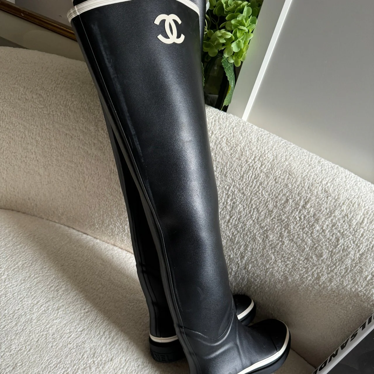 used-Chanel rubber over the knee boots in black and white with CC logo 36 Limited Edition-MILOURA