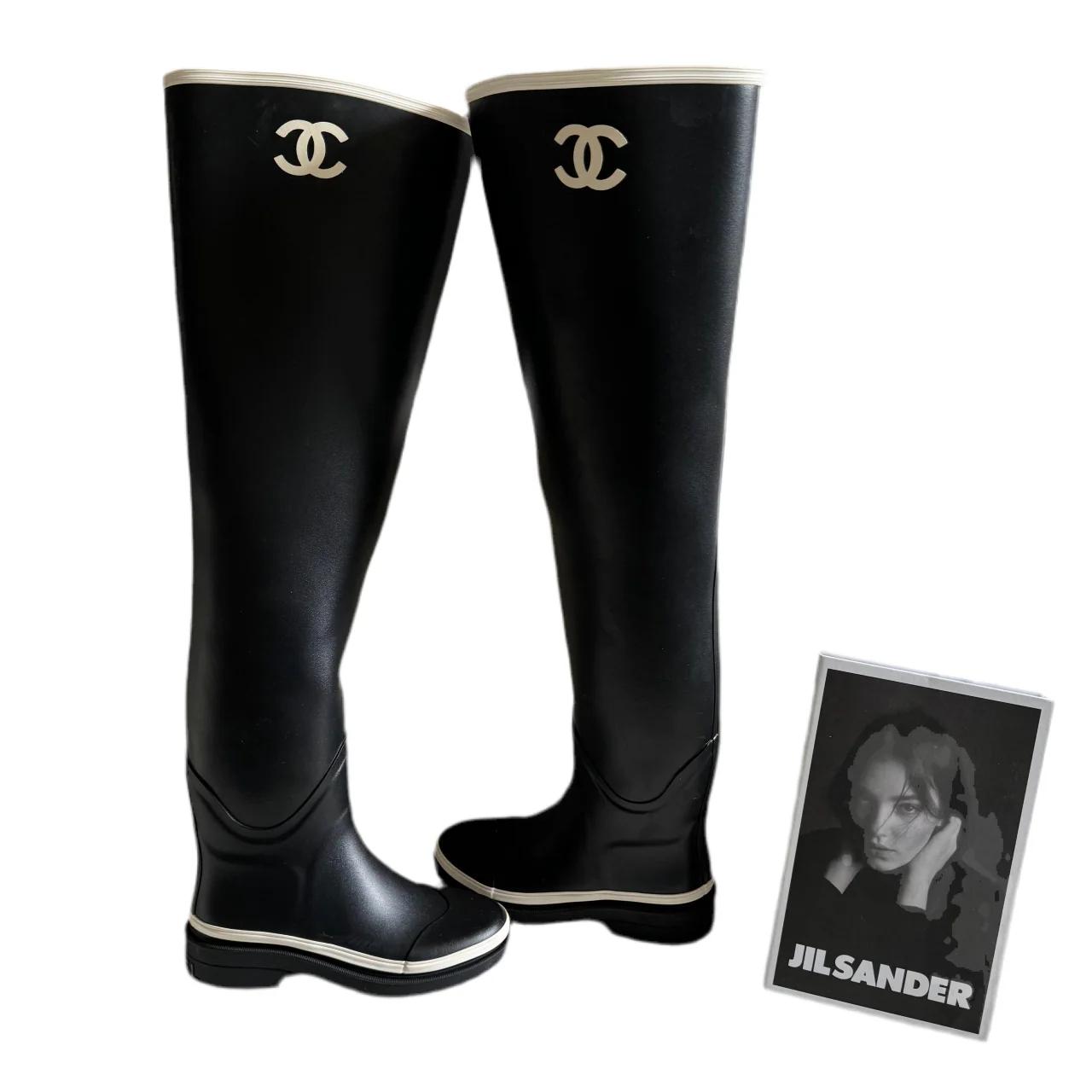 used-Chanel rubber over the knee boots in black and white with CC logo 36 Limited Edition-MILOURA