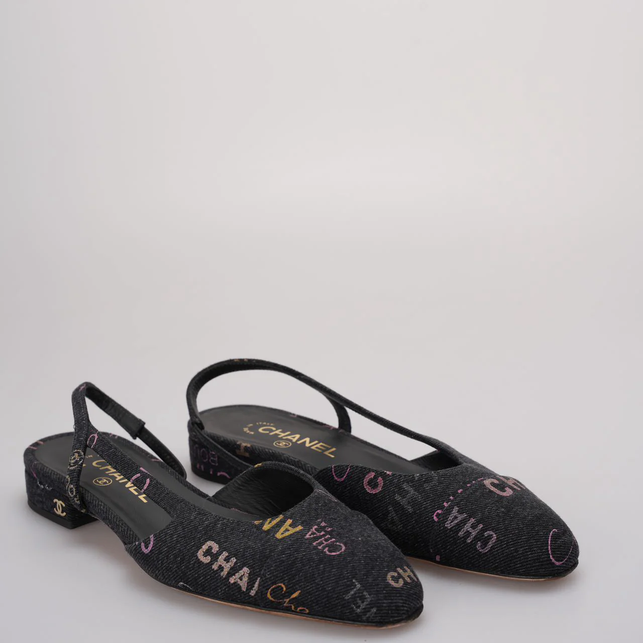 Chanel Black Denim Slingback Mademoiselle Coco Flat size 38