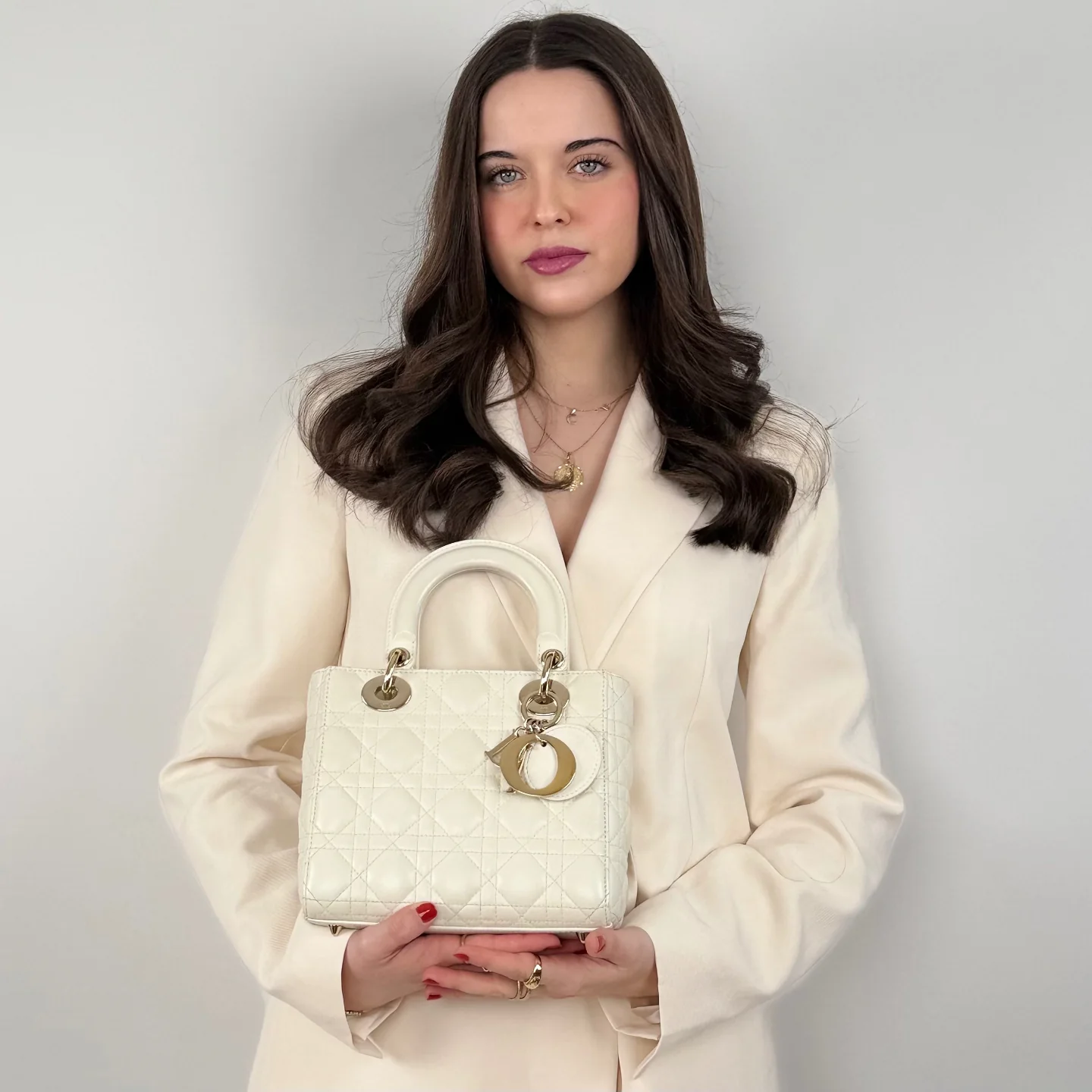 used-Christian Dior White Small Lady Dior Bag in Cannage Lambskin Leather with Gold Hardware 2020-MILOURA