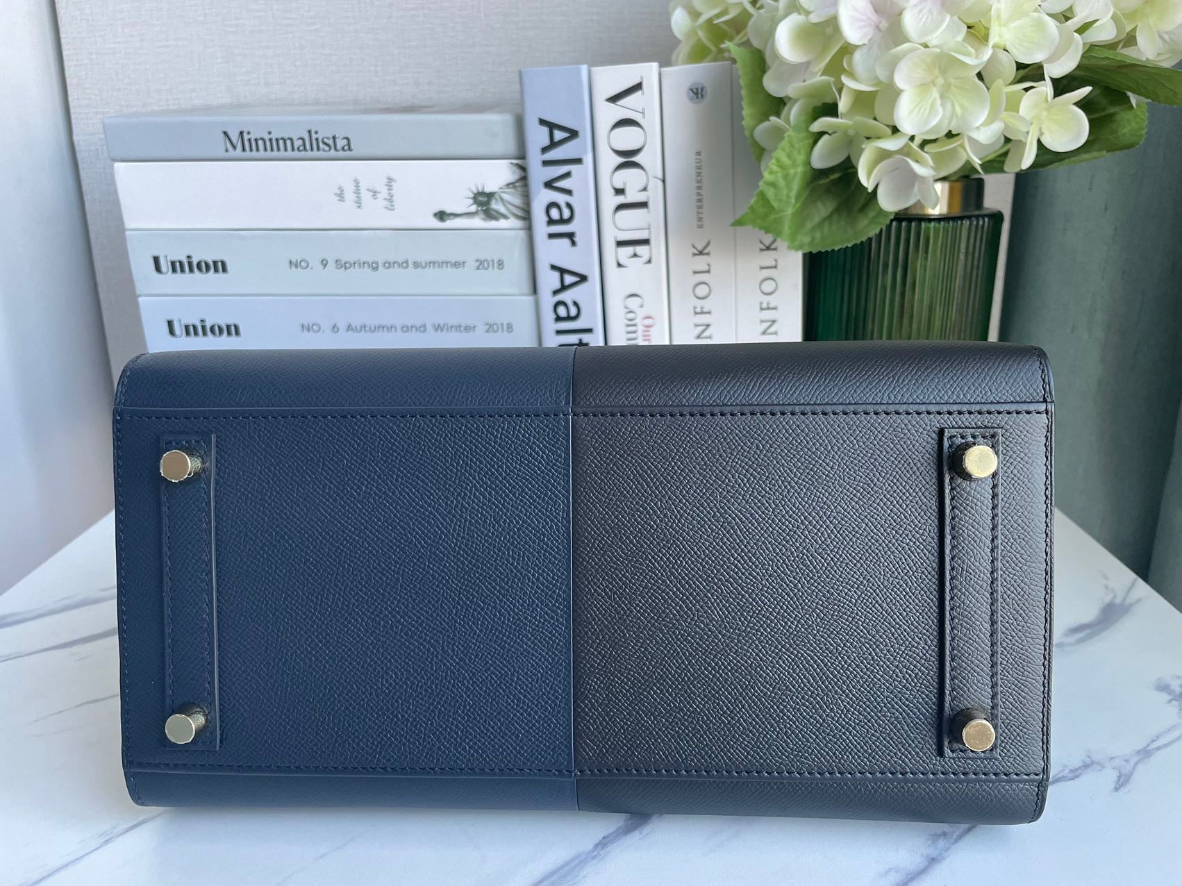 used-Hermes Birkin Bag 30 in Blue Indigo and Black Epsom Leather with Gold Hardware-MILOURA